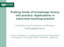 Applying funds of knowledge theory to classroom pedagogy, Redland University, California US, August 4th 2015